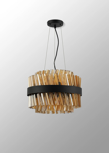 Exolon 10 Light 40cm Pendant, Satin Black Finish with Amber Sculpted Glass