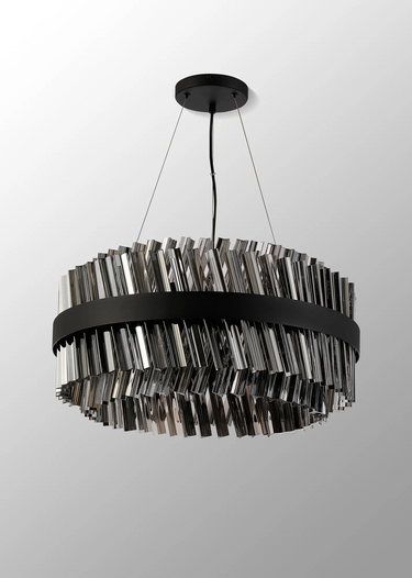 Exolon 18 Light 60cm Pendant, Satin Black Finish with Smoked Sculpted Glass