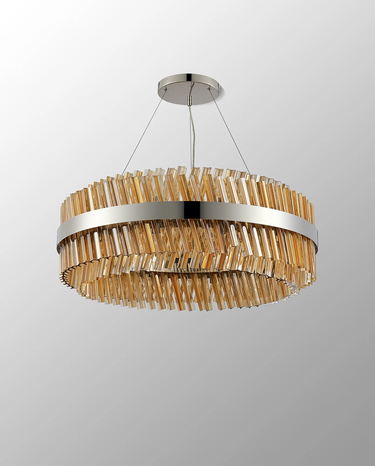 Exolon 24 Light 80cm Pendant, Polished Nickel Finish with Amber Sculpted Glass