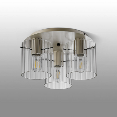 Madison 3 Light Flush, Beige Stone with Wide Ribbed Clear Glass