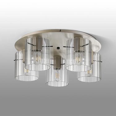 Madison 5 Light Flush, Beige Stone with Wide Ribbed Clear Glass
