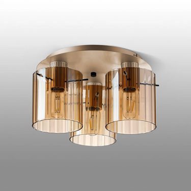 Madison 3 Light Flush, Light Gold with Wide Ribbed Amber Glass