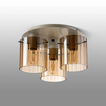 Madison 3 Light Flush, Beige Stone with Wide Ribbed Amber Glass