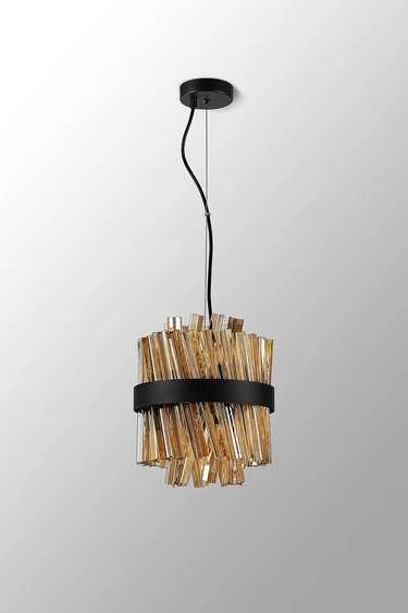 Exolon 6 Light 25cm Pendant, Satin Black Finish with Amber Sculpted Glass
