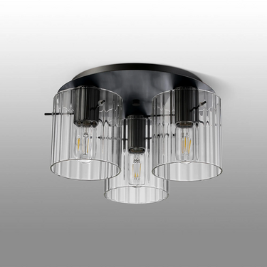 Madison 3 Light Flush, Dark Grey with Wide Ribbed Clear Glass