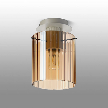 Madison Single Flush, Beige Stone with Wide Ribbed Amber Glass