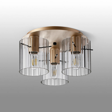 Madison 3 Light Flush, Light Gold with Wide Ribbed Clear Glass