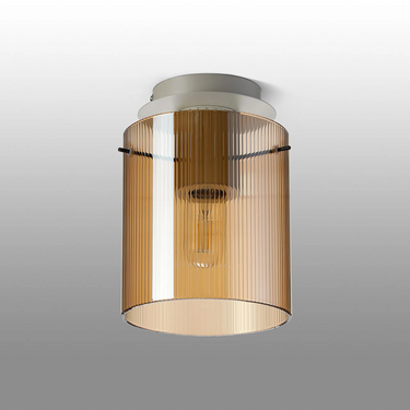 Madison Single Flush, Beige Stone with Narrow Ribbed Amber Glass