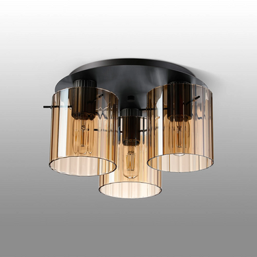 Madison 3 Light Flush, Dark Grey with Wide Ribbed Amber Glass
