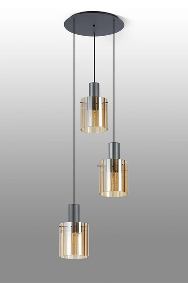 Madison Spiral 3 Light, Dark Grey with Wide Ribbed Amber Glass