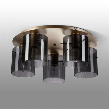 Madison 5 Light Flush, Light Gold with Narrow Ribbed Smoked Glass