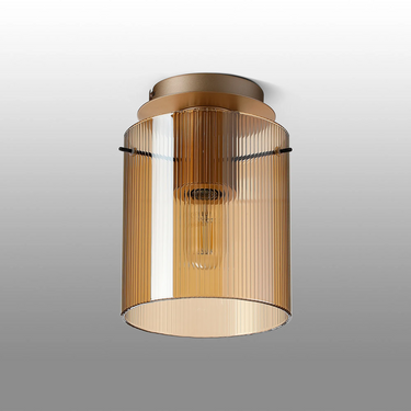 Madison Single Flush, Light Gold with Narrow Ribbed Amber Glass