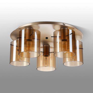 Madison 5 Light Flush, Light Gold with Narrow Ribbed Amber Glass