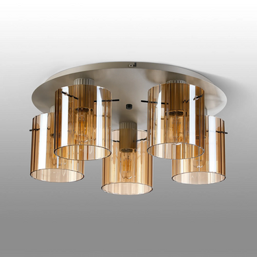 Madison 5 Light Flush, Beige Stone with Wide Ribbed Amber Glass