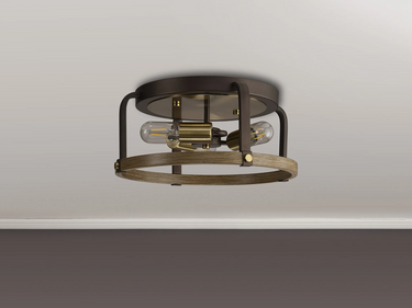 Quincy 3 Light Flush, Brown Oxide, Antique Brass and Wood Effect