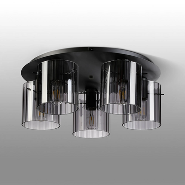 Madison 5 Light Flush, Dark Grey with Wide Ribbed Smoked Glass