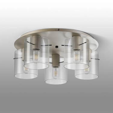 Madison 5 Light Flush, Beige Stone with Narrow Ribbed Clear Glass
