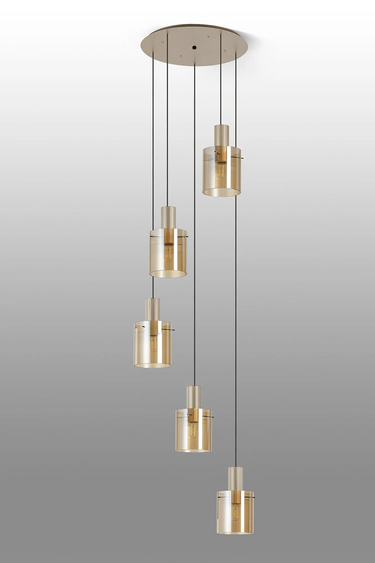 Madison 5 Light Pendant, Light Gold with Narrow Ribbed Amber Glass