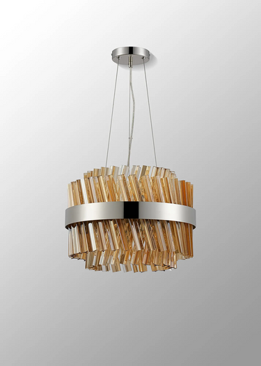 Exolon 10 Light 40cm Pendant, Polished Nickel Finish with Amber Sculpted Glass