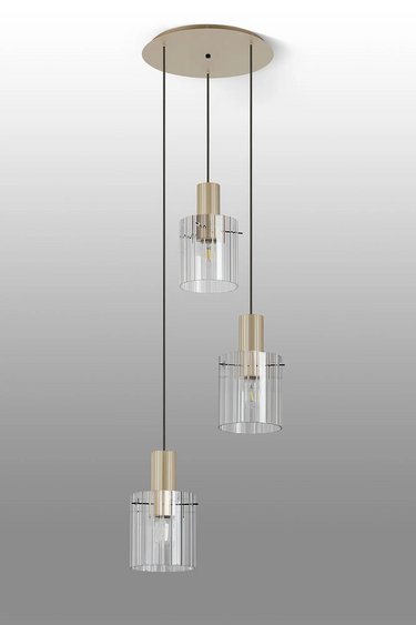 Madison Spiral 3 Light, Light Gold with Wide Ribbed Clear Glass