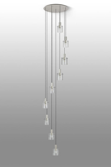 Madison 9 Light Pendant, Beige Stone with Narrow Ribbed Clear Glass
