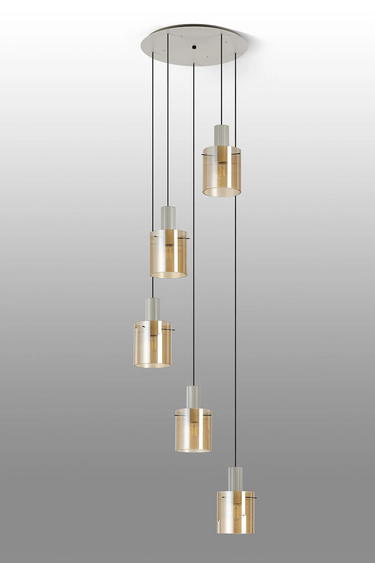 Madison 5 Light Pendant, Beige Stone with Narrow Ribbed Amber Glass