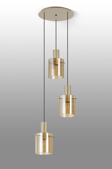 Madison Spiral 3 Light, Light Gold with Narrow Ribbed Amber Glass