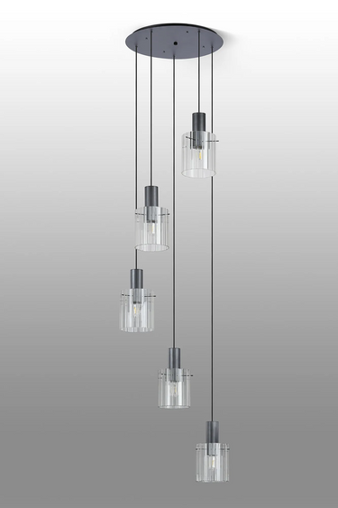 Madison 5 Light Pendant, Dark Grey with Wide Ribbed Clear Glass
