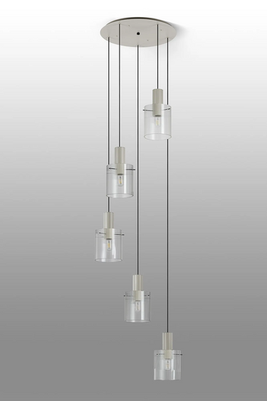 Madison 5 Light Pendant, Beige Stone with Narrow Ribbed Clear Glass