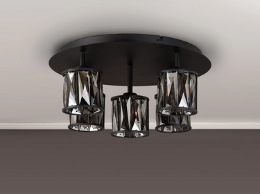 Miles 46cm Round 5 Light Flush, Sand Black with Smoked Crystal