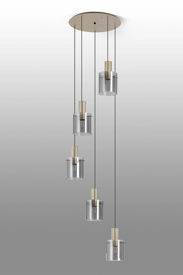 Madison 5 Light Pendant, Light Gold with Narrow Ribbed Smoked Glass