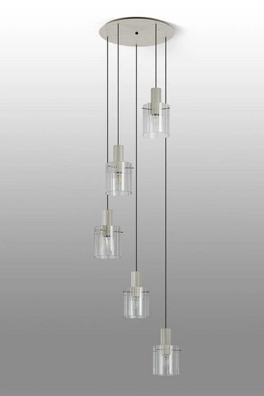 Madison 5 Light Pendant, Beige Stone with Wide Ribbed Clear Glass