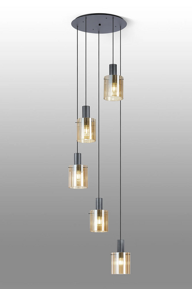 Madison 5 Light Pendant, Dark Grey with Wide Ribbed Amber Glass