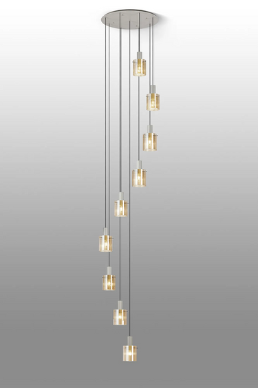 Madison 9 Light Pendant, Beige Stone with Wide Ribbed Amber Glass