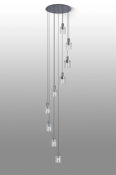 Madison 9 Light Pendant, Dark Grey with Narrow Ribbed Clear Glass