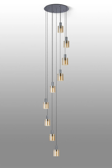 Madison 9 Light Pendant, Dark Grey with Wide Ribbed Amber Glass