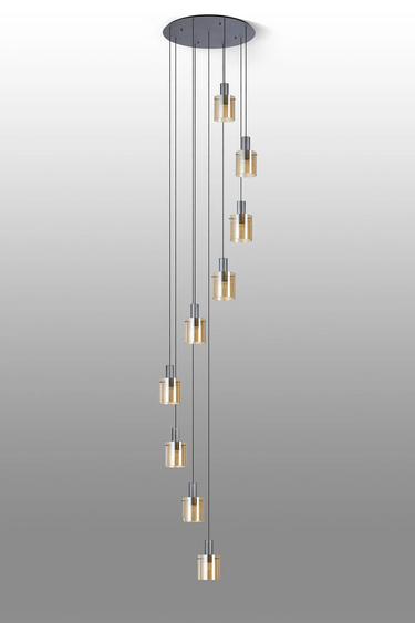 Madison 9 Light Pendant, Dark Grey with Narrow Ribbed Amber Glass