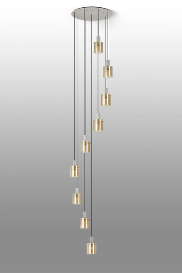 Madison 9 Light Pendant, Beige Stone with Narrow Ribbed Amber Glass