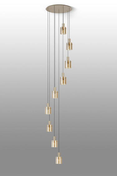 Madison 9 Light Pendant, Light Gold with Narrow Ribbed Amber Glass