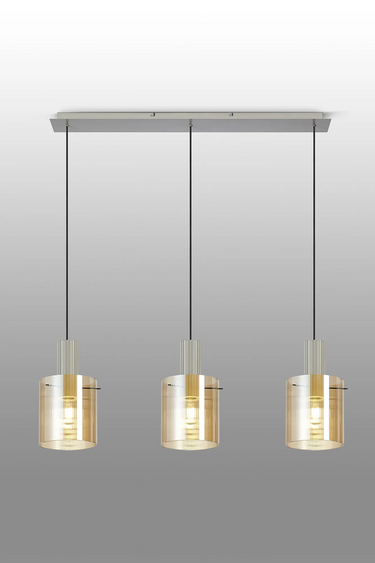 Madison Linear 3 Light, Beige Stone with Narrow Ribbed Amber Glass