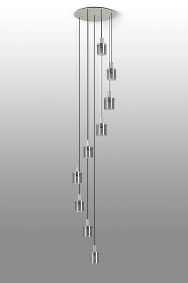 Madison 9 Light Pendant, Beige Stone with Narrow Ribbed Smoked Glass