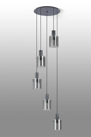 Madison 5 Light Pendant, Dark Grey with Wide Ribbed Smoked Glass