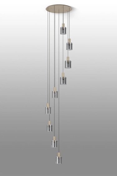 Madison 9 Light Pendant, Light Gold with Wide Ribbed Smoked Glass