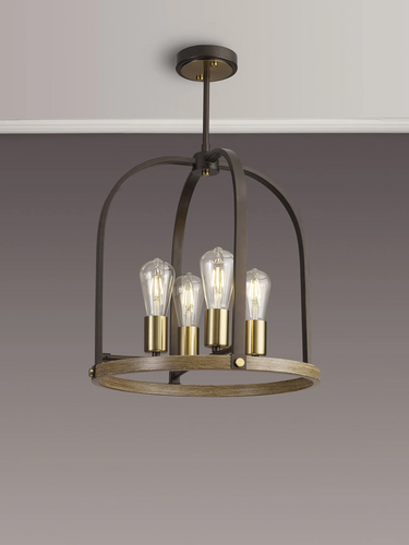 Quincy 4 Light Pendant/Semi Flush, Brown Oxide, Antique Brass and Wood Effect
