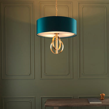 Cortez 3 Light Pendant Antique Gold Leaf & Teal Satin Shade