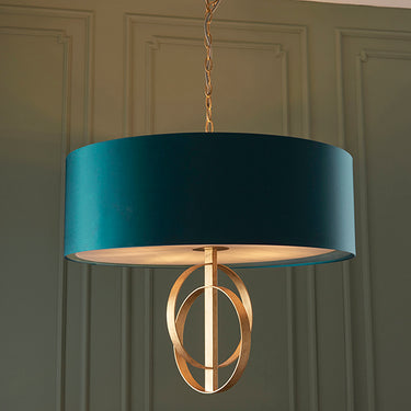 Cortez 5 Light Pendant Antique Gold Leaf & Teal Satin Shade
