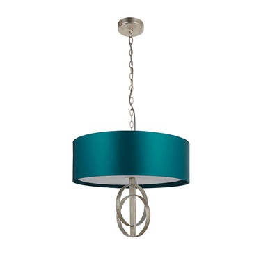 Cortez 3 Light Pendant Antique Silver & Teal Satin Shade
