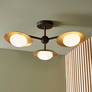 Ludo 3 Light Semi Flush Gold & Dark Bronze with Opal Glass