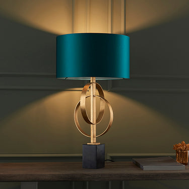 Cortez Table Lamp Antique Gold Leaf & Teal Satin Shade