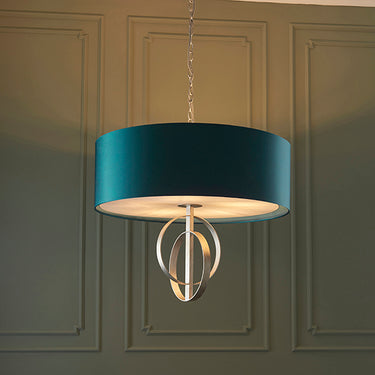 Cortez 5 Light Pendant Antique Silver & Teal Satin Shade